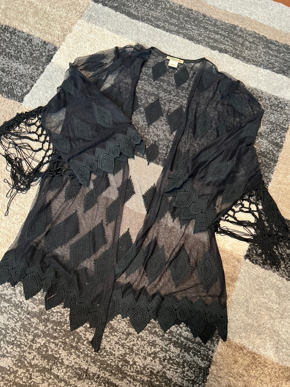 Vivid Importers lace fringe kimono, black, size L GUC!